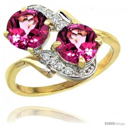 14k Gold ( 7 mm ) Double Stone Engagement Pink Topaz Ring w/ 0.05 Carat Brilliant Cut Diamonds & 2.34 Carats Round Stones, 3/4