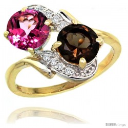 14k Gold ( 7 mm ) Double Stone Engagement Pink & Smoky Topaz Ring w/ 0.05 Carat Brilliant Cut Diamonds & 2.34 Carats Round