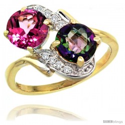 14k Gold ( 7 mm ) Double Stone Engagement Pink & Mystic Topaz Ring w/ 0.05 Carat Brilliant Cut Diamonds & 2.34 Carats Round