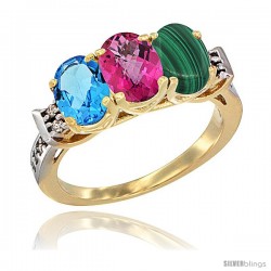 10K Yellow Gold Natural Swiss Blue Topaz, Pink Topaz & Malachite Ring 3-Stone Oval 7x5 mm Diamond Accent