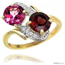 14k Gold ( 7 mm ) Double Stone Engagement Pink Topaz & Garnet Ring w/ 0.05 Carat Brilliant Cut Diamonds & 2.34 Carats Round