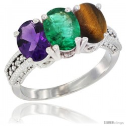 14K White Gold Natural Amethyst, Emerald & Tiger Eye Ring 3-Stone 7x5 mm Oval Diamond Accent