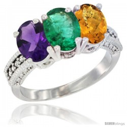 14K White Gold Natural Amethyst, Emerald & Whisky Quartz Ring 3-Stone 7x5 mm Oval Diamond Accent