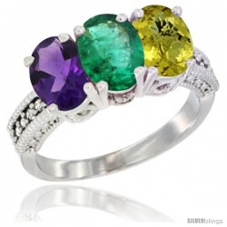 14K White Gold Natural Amethyst, Emerald & Lemon Quartz Ring 3-Stone 7x5 mm Oval Diamond Accent