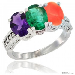 14K White Gold Natural Amethyst, Emerald & Coral Ring 3-Stone 7x5 mm Oval Diamond Accent