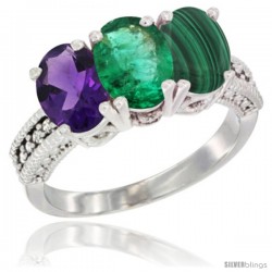 14K White Gold Natural Amethyst, Emerald & Malachite Ring 3-Stone 7x5 mm Oval Diamond Accent