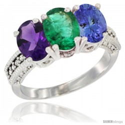 14K White Gold Natural Amethyst, Emerald & Tanzanite Ring 3-Stone 7x5 mm Oval Diamond Accent