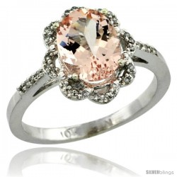 10k White Gold Diamond Halo Morganite Ring 1.7 Carat Oval Shape 9X7 mm, 7/16 in (11mm) wide