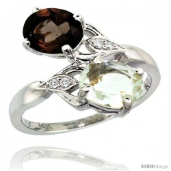 14k White Gold ( 8x6 mm ) Double Stone Engagement Green Amethyst & Smoky Topaz Ring w/ 0.04 Carat Brilliant Cut Diamonds & 2.34