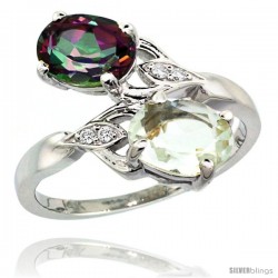 14k White Gold ( 8x6 mm ) Double Stone Engagement Green Amethyst & Mystic Topaz Ring w/ 0.04 Carat Brilliant Cut Diamonds