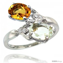 14k White Gold ( 8x6 mm ) Double Stone Engagement Green Amethyst & Citrine Ring w/ 0.04 Carat Brilliant Cut Diamonds & 2.34