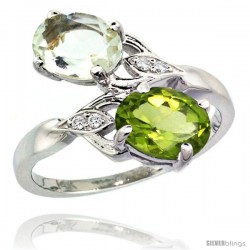 14k White Gold ( 8x6 mm ) Double Stone Engagement Green Amethyst & Peridot Ring w/ 0.04 Carat Brilliant Cut Diamonds & 2.34