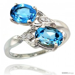 14k White Gold ( 8x6 mm ) Double Stone Engagement Swiss Blue Topaz Ring w/ 0.04 Carat Brilliant Cut Diamonds & 2.34 Carats Oval