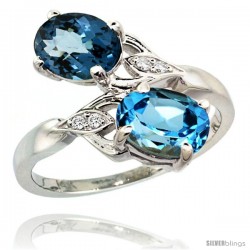 14k White Gold ( 8x6 mm ) Double Stone Engagement Swiss & London Blue Topaz Ring w/ 0.04 Carat Brilliant Cut Diamonds & 2.34