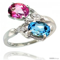 14k White Gold ( 8x6 mm ) Double Stone Engagement Swiss Blue & Pink Topaz Ring w/ 0.04 Carat Brilliant Cut Diamonds & 2.34