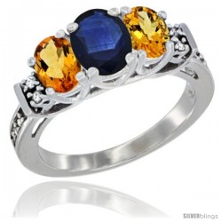 14K White Gold Natural Blue Sapphire & Citrine Ring 3-Stone Oval with Diamond Accent