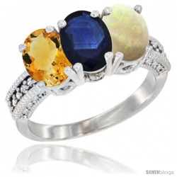 14K White Gold Natural Citrine, Blue Sapphire & Opal Ring 3-Stone 7x5 mm Oval Diamond Accent