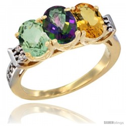 10K Yellow Gold Natural Green Amethyst, Mystic Topaz & Citrine Ring 3-Stone Oval 7x5 mm Diamond Accent