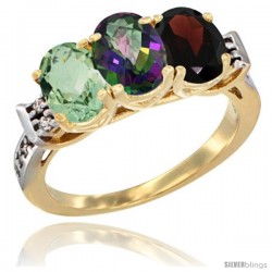 10K Yellow Gold Natural Green Amethyst, Mystic Topaz & Garnet Ring 3-Stone Oval 7x5 mm Diamond Accent