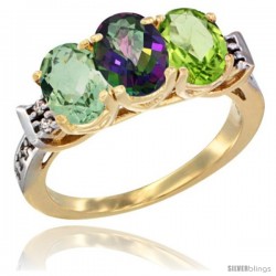 10K Yellow Gold Natural Green Amethyst, Mystic Topaz & Peridot Ring 3-Stone Oval 7x5 mm Diamond Accent