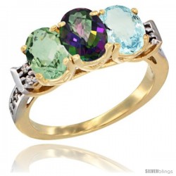 10K Yellow Gold Natural Green Amethyst, Mystic Topaz & Aquamarine Ring 3-Stone Oval 7x5 mm Diamond Accent