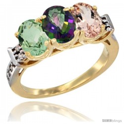 10K Yellow Gold Natural Green Amethyst, Mystic Topaz & Morganite Ring 3-Stone Oval 7x5 mm Diamond Accent