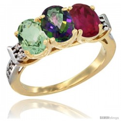 10K Yellow Gold Natural Green Amethyst, Mystic Topaz & Ruby Ring 3-Stone Oval 7x5 mm Diamond Accent