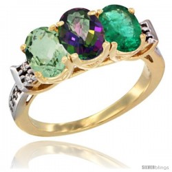 10K Yellow Gold Natural Green Amethyst, Mystic Topaz & Emerald Ring 3-Stone Oval 7x5 mm Diamond Accent