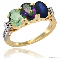 10K Yellow Gold Natural Green Amethyst, Mystic Topaz & Blue Sapphire Ring 3-Stone Oval 7x5 mm Diamond Accent