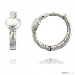 Sterling Silver Huggie Hoop Earrings w/ Teeny Heart, 1/2" (12 mm)