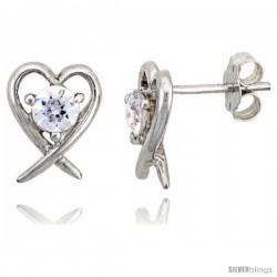 Sterling Silver Heart Cut Out Stud Earrings, w/ Brilliant Cut CZ Stone, 7/16" (11 mm)