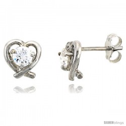 Sterling Silver Heart Cut Out Stud Earrings, w/ Brilliant Cut CZ Stone, 5/16" (8 mm)