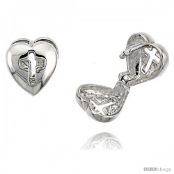 Sterling Silver Heart-shaped Huggie Earrings w/ Cross Cut Out, 3/8" (10 mm)