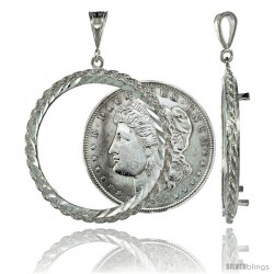 Sterling Silver 38 mm Silver Dollar & Mexican Olympic Coin Frame Bezel Pendant w/ Rope Edge Design (Coin is NOT Included)