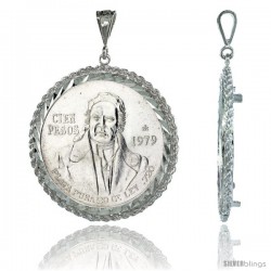 Sterling Silver 39 mm Cien Pesos Mexican & Most Silver Rounds, Coin Frame Bezel Pendant w/ Rope Edge Design (Coin is NOT