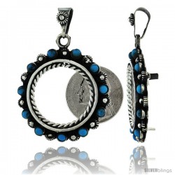 Sterling Silver 22 mm (25 Cents) Coin Frame Bezel Pendant w/ Turquoise Beads & Floral Edge Design