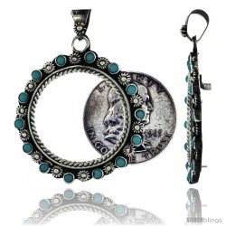 Sterling Silver 30 mm Half Dollar (50 Cents) Coin Frame Bezel Pendant w/ Turquoise Beads & Floral Edge Design