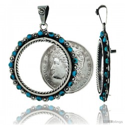 Sterling Silver 38 mm Silver Dollar & Mexican Olympic Coin Frame Bezel Pendant w/ Turquoise Beads & Floral Edge Design