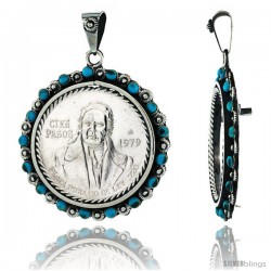 Sterling Silver 39 mm Cien Pesos Mexican & Most Silver Rounds Coin Frame Bezel Pendant w/ Turquoise Beads & Floral Edge Design