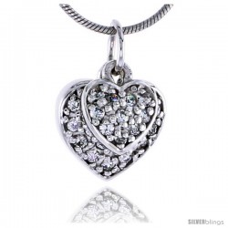 Sterling Silver Jeweled Heart Pendant, w/ CZ Stones, 1/2 in. (13 mm) tall