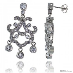 Sterling Silver CZ Chandelier Earrings w/ Triple Bead Drop, 1 1/2 in. (38 mm) tall