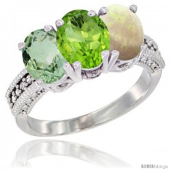 14K White Gold Natural Green Amethyst, Peridot & Opal Ring 3-Stone 7x5 mm Oval Diamond Accent