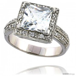 Sterling Silver Vintage Style Halo Style Cubic Zirconia Ring with 7 mm (2 carat size) Princess Cut CZ Center Stone, 3/8 in