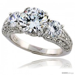 Sterling Silver Vintage Style Three-Stone Cubic Zirconia Ring with 7 mm (1 1/4 carat size) High Quality Bril -Style Rcj111