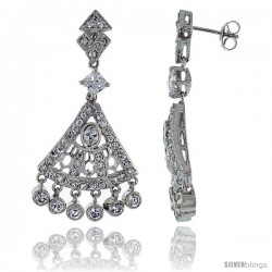 Sterling Silver CZ Chandelier Earrings, Fan Shape w/ Bead Drops, 1 5/8 in. (42 mm) tall