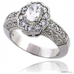 Sterling Silver Vintage Style Flower Halo Cubic Zirconia Ring with 6x4 mm (0.43 carat size) Oval Shape High Quality CZ Stone