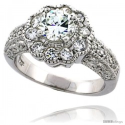 Sterling Silver Vintage Style Flower Halo Cubic Zirconia Ring with 6 mm (1 carat size) Brilliant Cut High Quality CZ Center