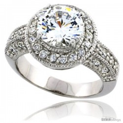 Sterling Silver Vintage Style Halo Cubic Zirconia Ring with 9 mm (2 3/4 carat size) High Quality Brilliant Cut Center Stone