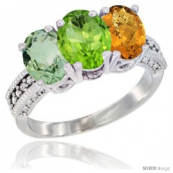 14K White Gold Natural Green Amethyst, Peridot & Whisky Quartz Ring 3-Stone 7x5 mm Oval Diamond Accent