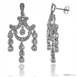 Sterling Silver CZ Chandelier Earrings w/ Triple Bead Drop, 1 3/4 in. (45 mm) tall